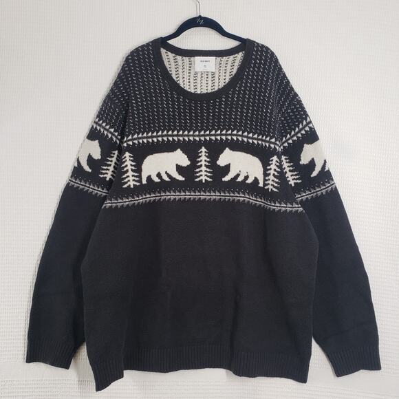 Old Navy Fair Isle Crew Neck Sweater Mens XXXL Tall Black White Bear Knit Cozy - Picture 1 of 16